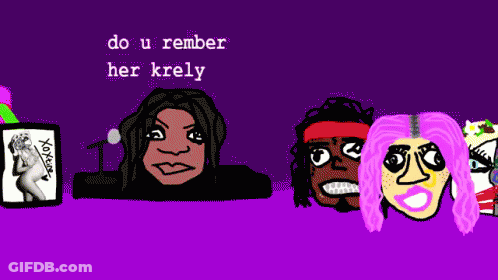 Purple Background With Faces Saying Do U Rember Her Krely GIF