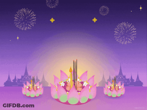 Purple Background With Fireworks And Lotus Flower Candles GIF