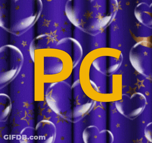 Purple Background With Hearts And Stars Saying PG In Yellow GIF