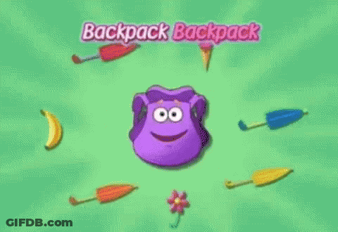 Purple Backpack Surrounded By Umbrellas Ice Cream Bananas Flower GIF
