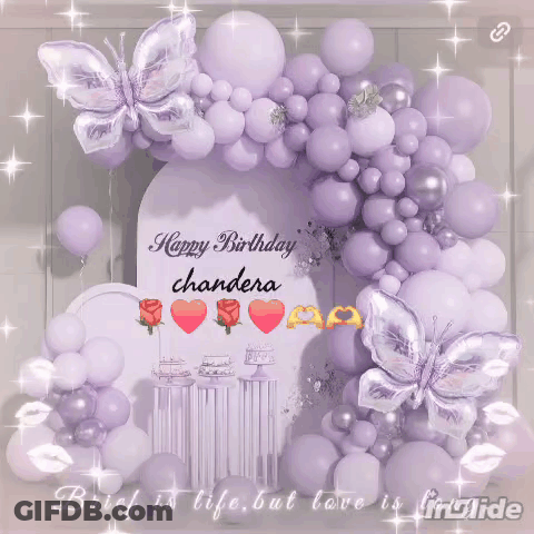 Purple Balloons And Butterflies With The Words Happy Birthday Chandra GIF