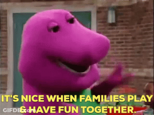 Purple Barney Dinosaur Saying It's Nice When Families Play GIF