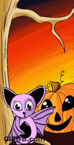 Purple Bat Sitting Next To Pumpkin GIF