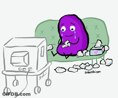 Purple Bean Sitting On Green Couch With Tissues GIF