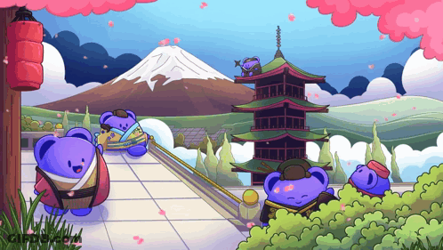 Purple Bears In Front Of Mountain And Pagoda GIF