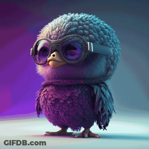 Purple Bird Wearing Scarf Goggles Looking At Camera GIF
