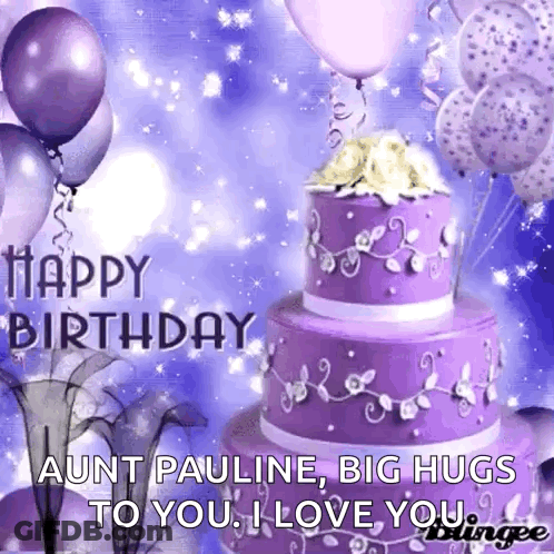 Purple Birthday Cake With Balloons Happy Birthday Aunt Pauline Big Hugs I Love You GIF