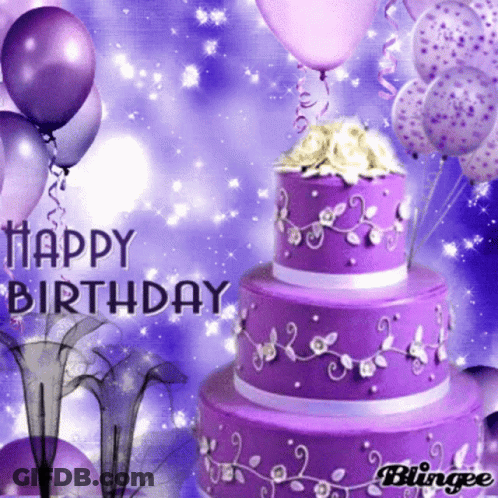 Purple Birthday Cake With Balloons Saying Happy Birthday GIF