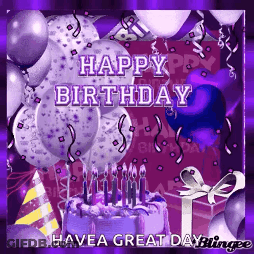 Purple Birthday Card With Balloons And Cake GIF
