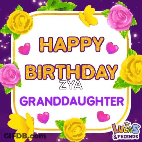 Purple Birthday Card With Flowers And Hearts For Granddaughter GIF