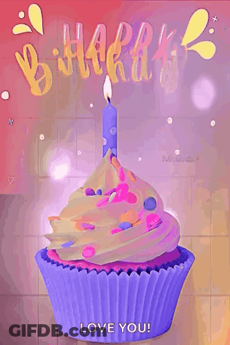 Purple Birthday Cupcake With Blue Candle And Sprinkles GIF
