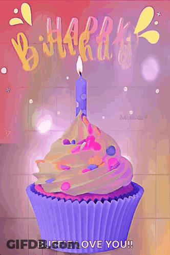 Purple Birthday Cupcake With Blue Candle And Sprinkles GIF