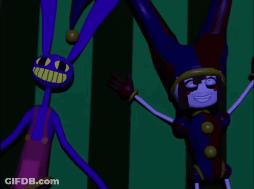 Purple Bunny And Clown Standing In Dark GIF