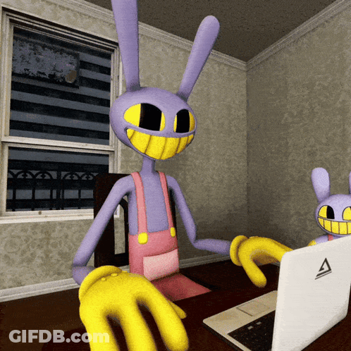 Purple Bunny At Desk With Laptop Letter A GIF