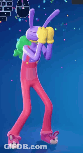 Purple Bunny Dancing In Video Game With Pink Overalls And Slippers GIF