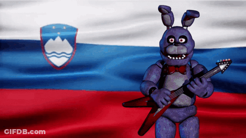 Purple Bunny Holding Guitar In Front Of Slovenian Flag GIF