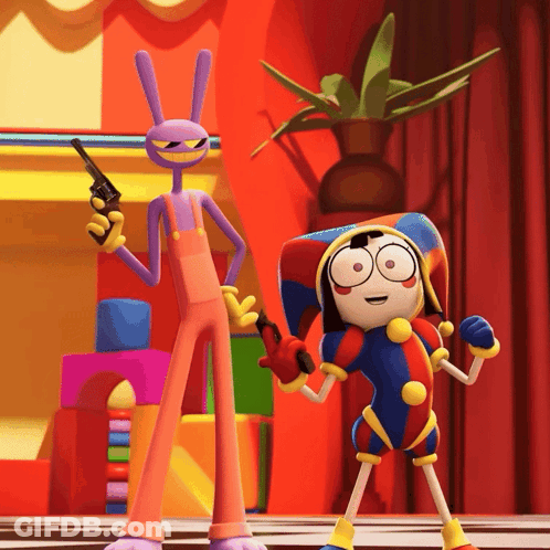 Purple Bunny Holding Gun Next To Jester GIF