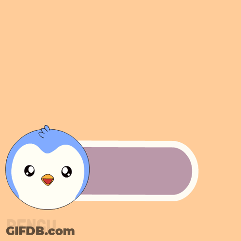 Purple Button Saying Click Here Next To Cartoon Penguin GIF