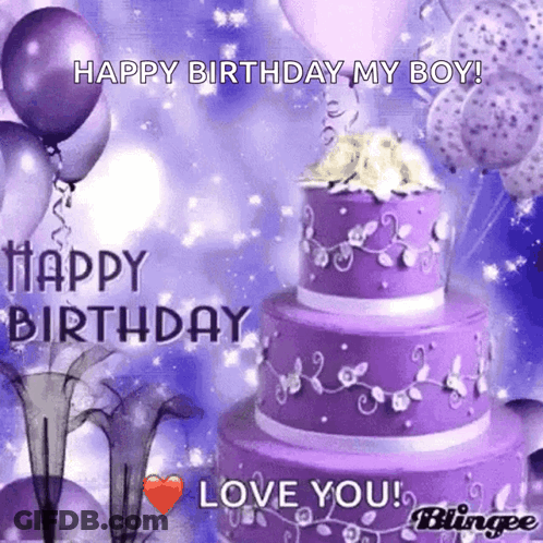 Purple Cake And Balloons Birthday Card Saying Happy Birthday My Boy GIF