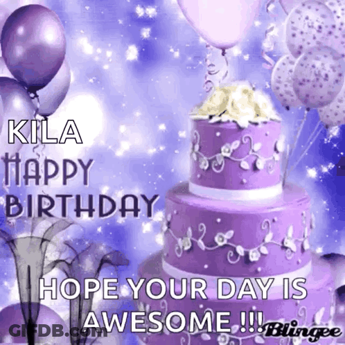 Purple Cake Balloons Birthday Card Saying Hope Your Day Is Awesome GIF