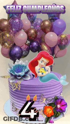 Purple Cake With Mermaid And Number 4 GIF