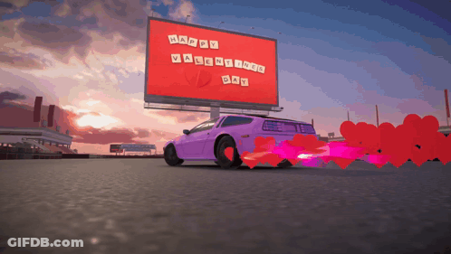 Purple Car Drifting In Front Of Valentine Billboard GIF