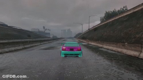 Purple Car Driving Down Rainy Highway GIF