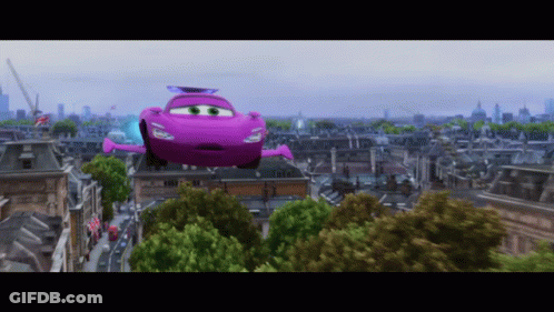 Purple Car Flying Over City GIF