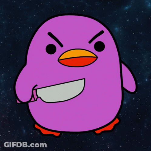 Purple Cartoon Bird With Orange Beak Holding Knife GIF