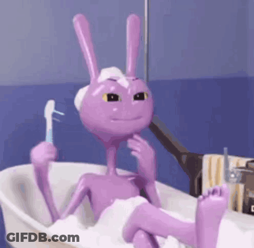 Purple Cartoon Character Bathing Holding Toothbrush GIF