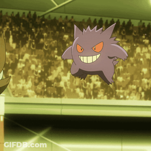 Purple Cartoon Character Flying Before Crowd GIF