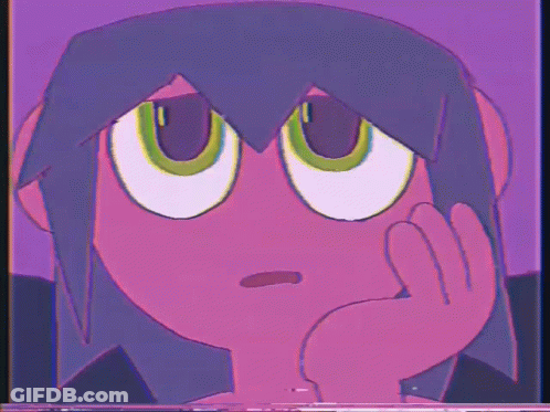 Purple Cartoon Character Green Eyes Hand On Chin GIF