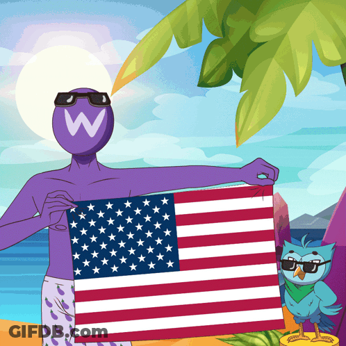 Purple Cartoon Character Holding American Flag GIF