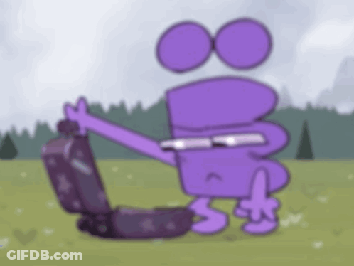 Purple Cartoon Character Holding Suitcase In Field GIF