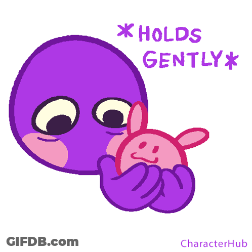 Purple Cartoon Character Holds Pink Bunny Gently GIF