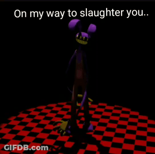 Purple Cartoon Character On Checkered Floor GIF