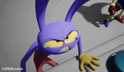 Purple Cartoon Character Reaching For Blue Button With Yellow Hand GIF
