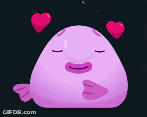 Purple Cartoon Character With Hearts Around Face GIF