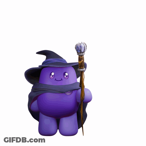 Purple Cartoon Character With Wizard Hat And Wand GIF