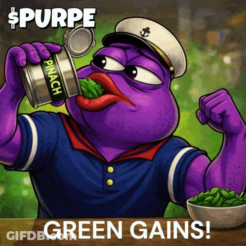 Purple Cartoon Eating Spinach Saying Green Gains GIF