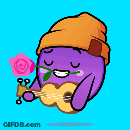Purple Cartoon Holding Rose Playing Guitar GIF