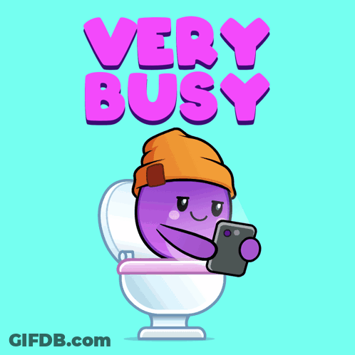 Purple Cartoon On Toilet With Phone Saying Very Busy GIF