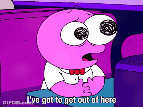 Purple Cartoon Saying I've Got To Get Out Of Here GIF