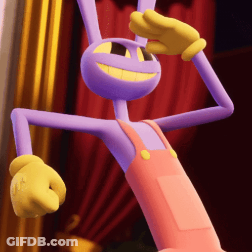 Purple Cartoon With Pink Overalls And Yellow Gloves Smiling GIF