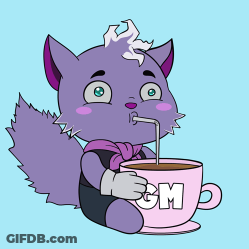 Purple Cat Drinking From Pink Cup With M GIF