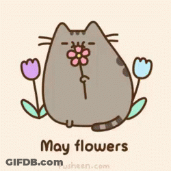 Purple Cat Holding Flower And Saying May Flowers GIF