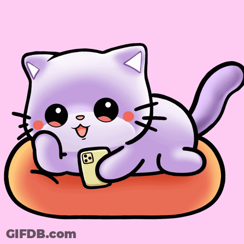 Purple Cat Laying On Pillow Holding Cell Phone GIF