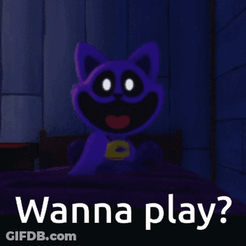 Purple Cat Sitting On Bed Saying Wanna Play GIF