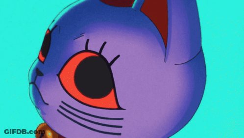 Purple Cat With Red Eyes And Yellow Bell GIF