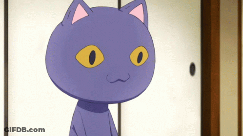 Purple Cat With Yellow Eyes In Front Of White Door GIF